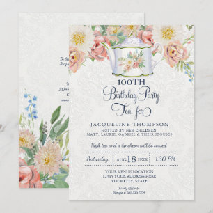 Birthday Tea Dusty Pink Elegant Floral Art Teapot Kaart