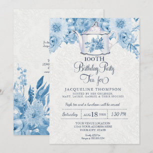 Birthday Tea Party Dusty Blue White Floral Teapot Kaart