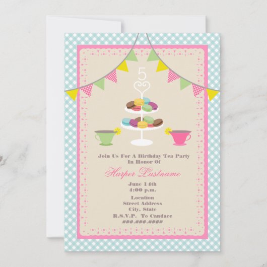 Birthday Tea Party + Macarons Invitation - Blue Kaart (Voorkant)