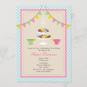 Birthday Tea Party + Macarons Invitation - Blue Kaart