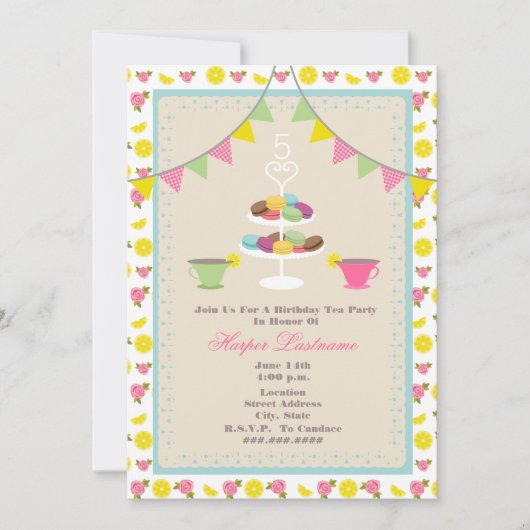 Birthday Tea Party + Macarons Uitnodiging (Voorkant)