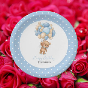 Birthday Teddy Bear Boy Blue Balloons Poke Stippen Papieren Bordje
