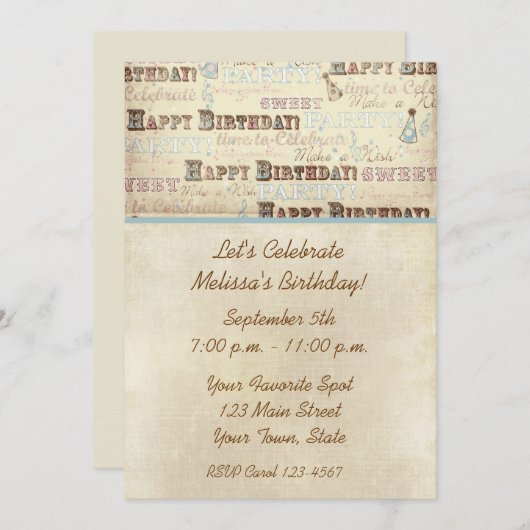 Birthday Text Uitnodiging (Voorkant / Achterkant)