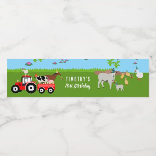 Birthday-thema landbouwhuisdieren en rode trekkers waterfles etiket (Enkel label)