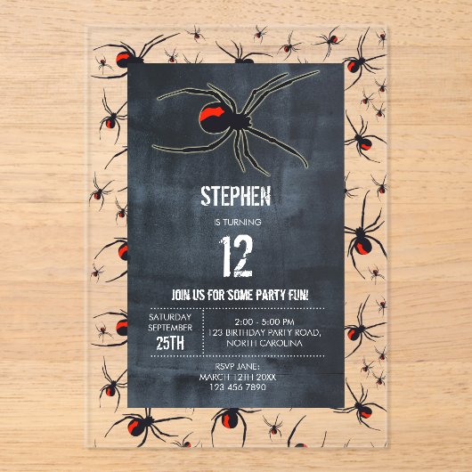 Birthday-thema Rode en zwarte spin Acryl Uitnodigingen (Voorkant)