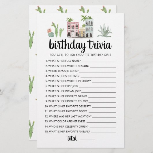 Birthday Trivia editable game (Voorkant / Achterkant)