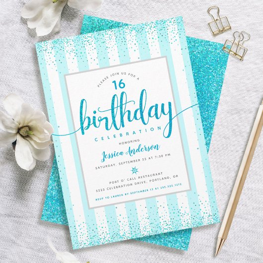 Birthday turquoise glitter stippen script aangepas kaart