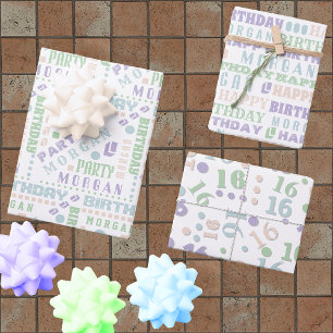Birthday Typography Pastel any age Add Kinder Name Inpakpapier Vel