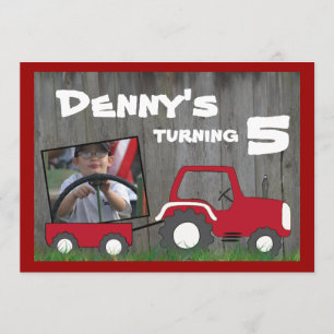 Birthday-uitnodiging van Red Tractor: Foto in Cart Kaart