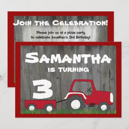 Birthday-uitnodiging van Red Tractor: Leeftijd in  Kaart (Voorkant / Achterkant)