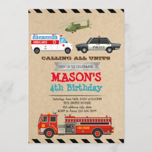 Birthday-uitnodiging voor noodvoertuigen kaart