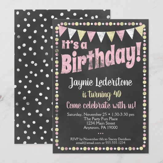 Birthday - uitnodiging voor roze geel alkboard (Voorkant / Achterkant)