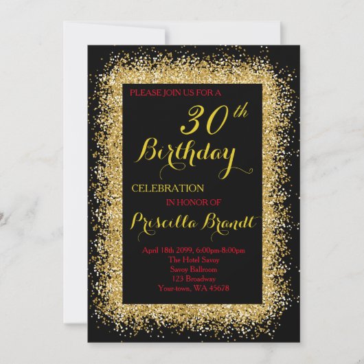 Birthday-uitnodiging, zwart, confetti, glitter, go kaart (Voorkant)