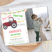 Birthday-uitnodigingen van Red Tractor met foto Kaart