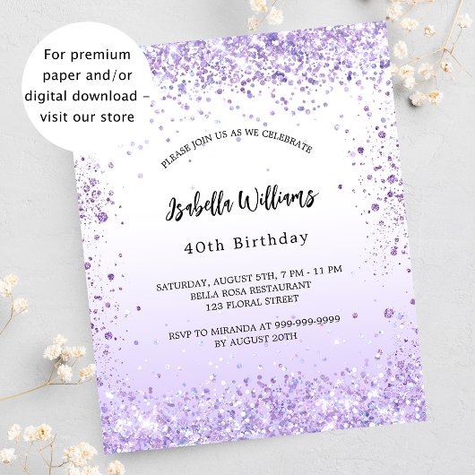 Birthday violet lavender budget uitnodiging