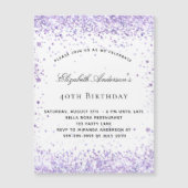 Birthday violet lavender glitter magnet uitnodigin (Voorkant)