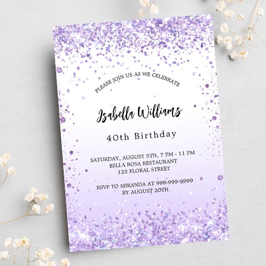 Birthday violet lavender sparkles script luxe kaart