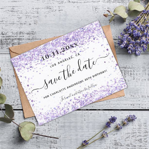 Birthday violet paars glitter save the date aankondigingskaart