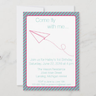 Birthday, vliegtuig met roze en Aqua Paper, uitnod Kaart