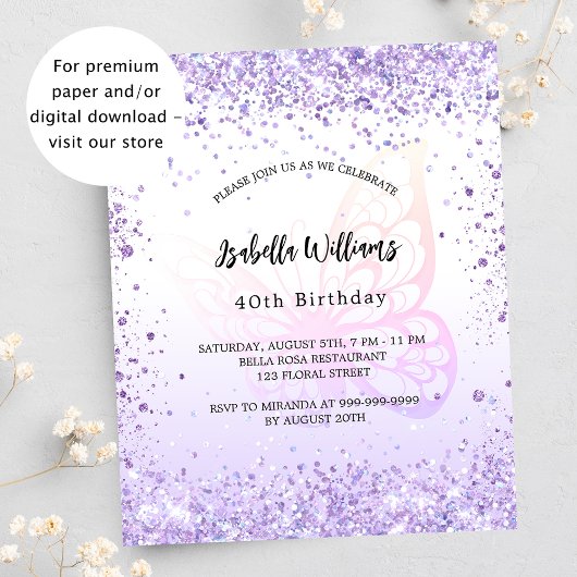Birthday vlinder violet budget uitnodiging