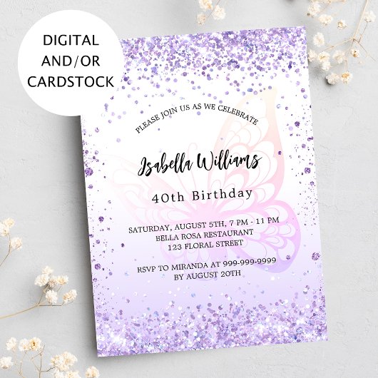 Birthday vlinder violet lavender script kaart