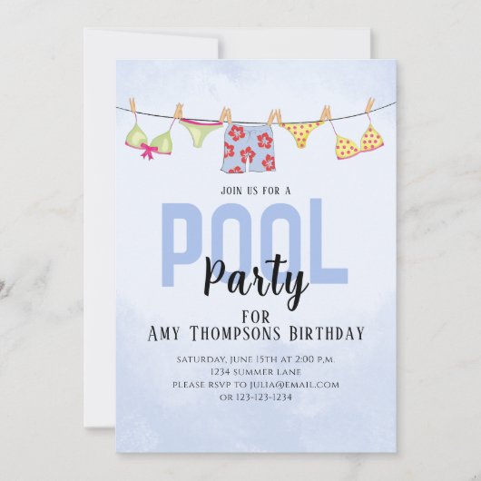 Birthday Whimsical Pool Party Swimsuit QR Code Kaart (Voorkant)