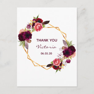 Birthday white burgundy floral gold bedankt briefkaart