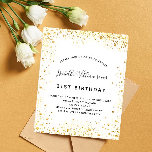 Birthday white gold glitter budget uitnodiging flyer