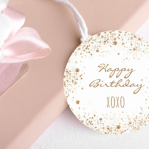 Birthday white goudglitter stof kussen ronde sticker