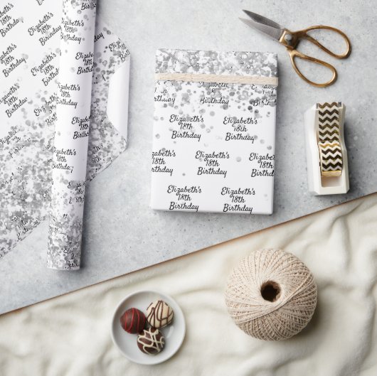 Birthday white Silver confetti sparkle name Cadeaupapier (Crafts)