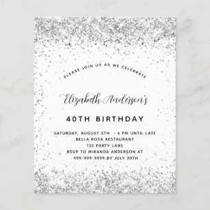 Birthday white Silver Glitter budgetuitnodiging Flyer