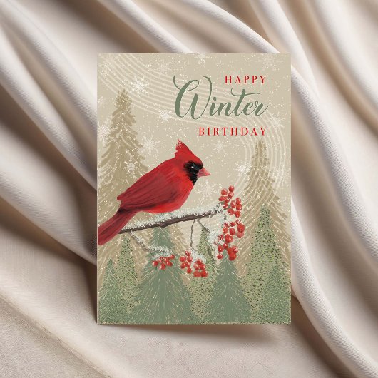 Birthday Winter Trees Berries and Cardinal Kaart