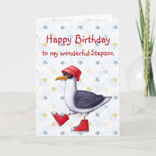 Birthday Wonderful Stepson Fun Cute Seagull Bird Kaart
