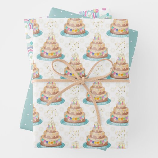 Birthday Wrapping Paper Cake and Rainbows Set van  (In situ)