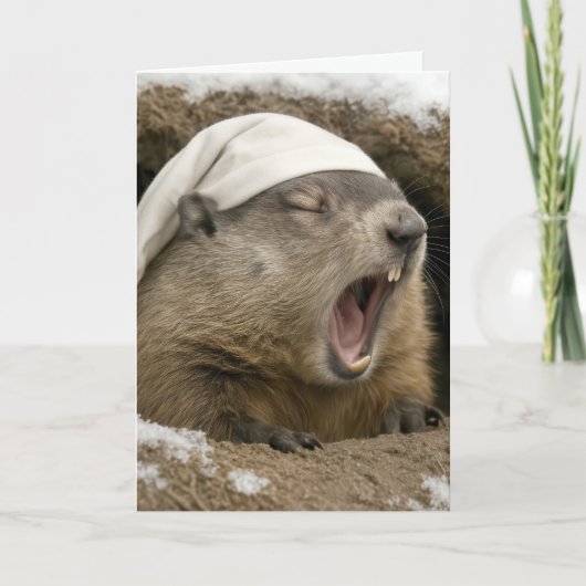Birthday Yawning Groundhog Wearing a Nightcap Kaart (Voorkant)