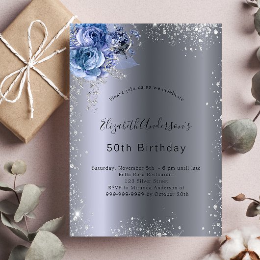 Birthday zilverblauw glitter elegant kaart