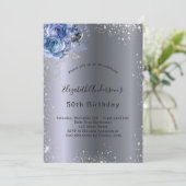 Birthday zilverblauw glitter elegant kaart (Staand voorkant)