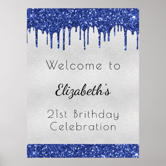 Birthday zilverblu glitter druppelt monogram welko poster (Voorkant)
