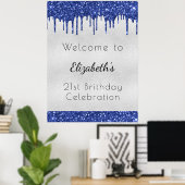 Birthday zilverblu glitter druppelt monogram welko poster (Thuiskantoor)