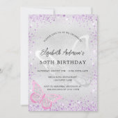 Birthday zilveren violet roze vlinder kaart (Voorkant)