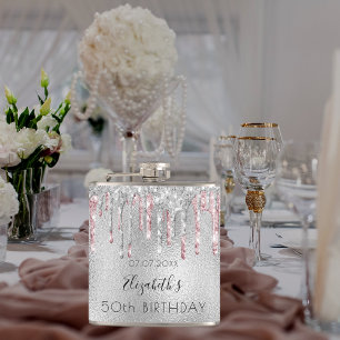 Birthday zilverglitter roze folie-monogram heupfles