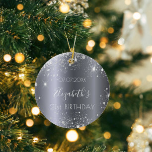 Birthday zilverglitterstof, elegant keramisch ornament