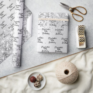 Birthday zilverkleurige confetti sparkle name eleg cadeaupapier