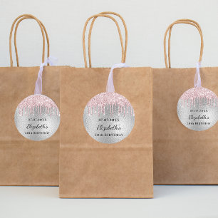 Birthday zilverroze glitter drift naam ronde sticker