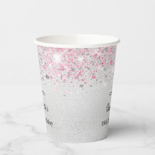 Birthday zilverroze glitter name party papieren bekers (Links)