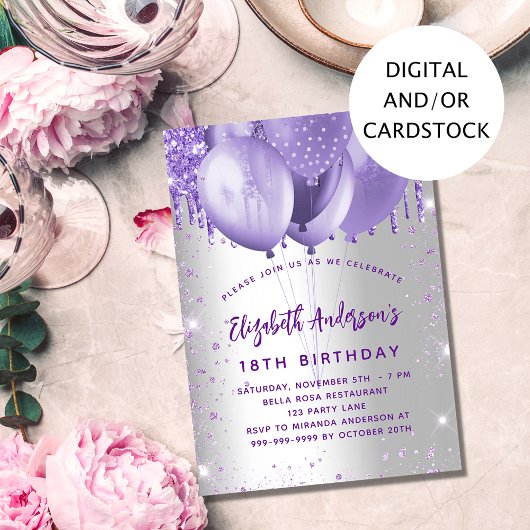 Birthday zilverviolette ballonnen kaart