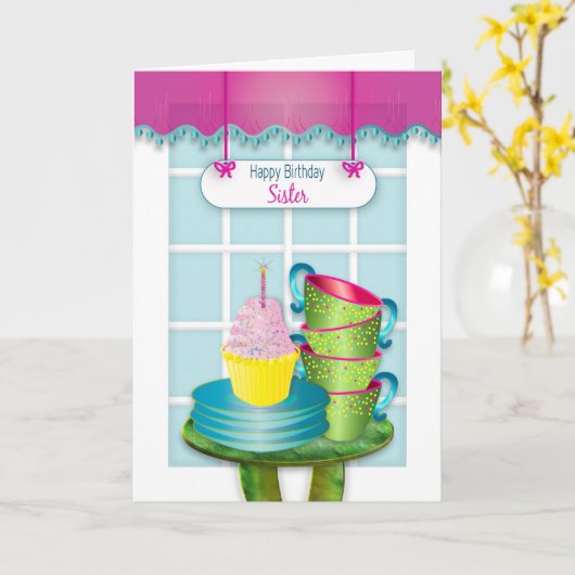 Birthday, zuster, Window and Cupcake and Cups Kaart (Gele Bloem)