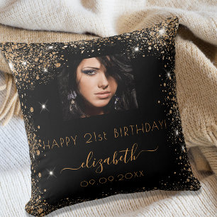 Birthday zwart, aangepast fotogoud glitter monogra kussen
