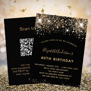 Birthday zwart goud glitter QR code RSVP Kaart