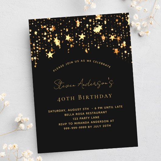 Birthday zwarte gouden sterren elegant uitnodiging briefkaart